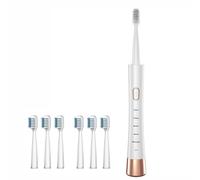Brosse à dents électrique à ultrasons avec 6 têtes de brosse, 5 modes, batterie rechargeable, dure 60 jours à pleine charge, 31 000 vibrations par minute, étanchéité IPX7, fuselage incurvé (blanc