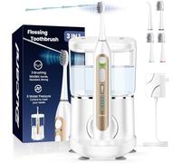 Brosse à dents électrique avec hydropulseur, brosse à dents avec 3 brosses + 1 buse, 5 vitesses de fil dentaire et 3 modes de brosse, réservoir de 500 ml, batterie de 30 jours, pour adultes et