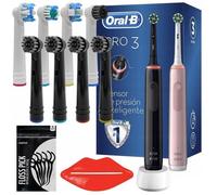 Brosse à dents électrique - Oral-B - Pro 3 3900 - Pack duo rose et noir - 8 embouts - Batterie longue durée