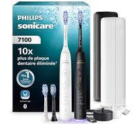 Brosse à dents électrique Philips Sonicare série 7100 - Nouvelle génération, capteur de pression, 12 réglages, autonomie 21 j, étui de voyage avec chargeur, blanc et noir, pack de 2, modèle HX7429/04