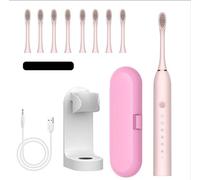 Brosse à dents électrique rechargeable, 6 réglages de nettoyage, livrée avec 8 supports de tête de brosse doux, étui de voyage, étanchéité IPX7, convient pour les voyages adultes et enfants, camping