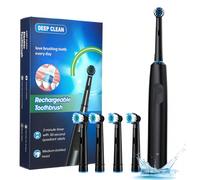 Brosse à dents électrique rechargeable pour adultes, 5 modes, brosse à dents électrique rotative avec 4 têtes de brosse de remplacement souples 4 têtes de brosse remplaçables noires,Brosse à dents éle