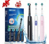 Brosse à dents électrique rotative à 360°, avec 4/8 têtes de brosse de rechange, minuterie de 2 minutes, batterie rechargeable 600 mAh, chargement USB, poils doux, prévention des caries - convient aux