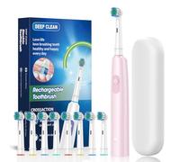 Brosse à dents électrique rotative à suspension magnétique, 5 modes, nettoyage sonique, 8 têtes de brosse et étui de rangement pour voyage, camping, équitation (rose)