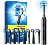 Brosse à dents électrique rotative pour adultes avec 8 têtes de brosse (2 types), puissance rechargeable et 2 minutes de temps intelligent, 4 modes de nettoyage (A-ferreux)