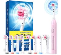 Brosse à dents électrique rotative pour adultes avec 8 têtes de brosse (2 types), puissance rechargeable et 2 minutes de temps intelligent, 4 modes de nettoyage (Rose)