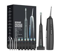 Brosse à Dents Électrique Soniques & Hydropulseur Dentaire Sans Fil,4 Buses, 6 Têtes de Brosse,Jusqu'à 90 Jours d'Autonomie,IPX7,Réservoir d'Eau de 200ml,Noir/Blanc (Black)