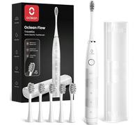Brosse À Dents Électrique Travelgo Flowset, Autonomie De 180 Jours Avec 6 Brossettes Et 5 Modes, Brosse À Dents Sonique, Minuterie & Rappel 30s, 1 Étui Voyage, Set Blanc