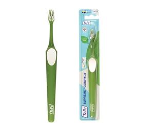 Brosse à dents TePe Supreme Compacte, Souple, Couleurs assorties, 1pc, brins sur deux niveaux pour un nettoyage précis, petite tête de brosse, également adaptée aux enfants