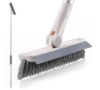 Brosse à joints avec long manche, brosse à récurer 2 en 1 avec raclette, nettoyeur de douche, brosse pivotante à poils rigides pour nettoyer les plinthes, le carrelage, le sol, la salle de bain et les