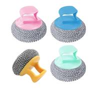 Brosse à récurer anti-rayures - 4 balles de nettoyage en PET avec poignée courte, n'endommagent pas les poêles en laine d'acier non, brosse en acier robuste pour la cuisine et la vaisselle