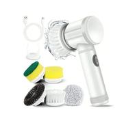 Brosse à récurer électrique 5 en 1, Rechargeable USB, Métal, 1 câble Micro USB, 2 brosses, Porte-Tampon Auto-agrippant, Tampon Anti-Rayures en Microfibre, Tampon abrasif Fort (Blanc)
