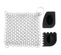 Brosse à récurer en maille de chaîne en fonte - Anneau fin - Nettoyeur de poêle en acier inoxydable 316 - Silicone intégré avec anneaux soudés - pour ustensiles de cuisine, casseroles en