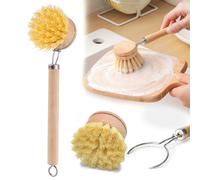 Brosse à Vaisselle en Bois Haut de Gamme, Brosses à Vaisselle avec 2 Têtes de Rechange, Set de Brosses de Nettoyage avec Poils Naturels en Fibre Écologique pour Cuisine et Salle de Bain