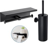 Brosse à WC en acier inoxydable Support mural Brosse à WC avec fixation murale + support de papier toilette avec support de téléphone portable double porte-rouleau, noir