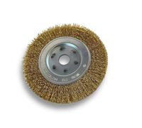Brosse circulaire LAITON | Ø 150 mm | Epaisseur 1 rang | Fil dur 0.30 mm ondulé | Alésage 20 mm + réducteur bague 16/12 mm | Touret meuleuse affûteuse ponceuse | Kibros 215151LT