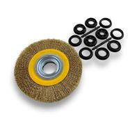 Brosse circulaire LAITON | Ø 150 mm | Epaisseur 3 rangs | Fil dur 0.30 mm ondulé | Alésage 32 mm + réducteur bague 25/22/20/16/12 mm | Touret meuleuse affûteuse ponceuse | Kibros 235153LT