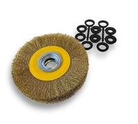 Brosse circulaire LAITON | Ø 200 mm | Epaisseur 3 rangs | Fil dur 0.30 mm ondulé | Alésage 32 mm + réducteur bague 25/22/20/16/12 mm | Touret meuleuse affûteuse ponceuse | Kibros 238203LT