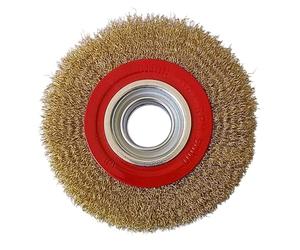Brosse circulaire pour meule de banc Ø 150 mm poils en acier laiton avec adaptateurs d'arbre - Idéal pour le nettoyage, l'ébavurage, léger polissage et l'enlèvement de la rouille du métal, du bois et