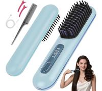 Brosse Coiffante Cheveux Court, Brosse Lissante Portable Sans Fil, Chauffant Avec 3 TempÉRatures, Affichage LED, Anti-Brûlure, 20s Chauffage Rapide, CrÉEz Le Look Parfait (Bleu)