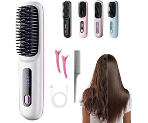 Brosse Coiffante Cheveux Court, Brosse Lissante Portable Sans Fil, Chauffant Avec 3 TempÉRatures, Affichage LED, Anti-Brûlure, 20s Chauffage Rapide, CrÉEz Le Look Parfait (Blanc)