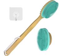 Brosse de bain avec long manche en bambou et tête en silicone double face pour nettoyer le dos et masser la tête, y compris une brosse pour le visage