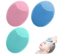 Brosse de bain pour bébé, set de 3 brosses de massage rondes, brosse de massage en silicone, brosse exfoliante en silicone, pour les peaux sèches, les croûtes de langes et l'eczéma (bleu, vert, rose)