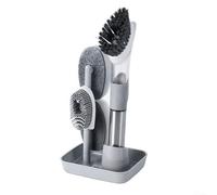 Brosse de cuisine 4 en 1 avec distributeur de savon intégré à long manche pour un lavage efficace de la vaisselle et du nettoyage des hottes de cuisinière et plus encore (gris)