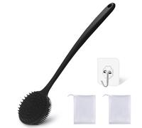 Brosse de douche double face en silicone - Longue poignée pour exfoliation et massage, crée une mousse riche, comprend 1 crochet et 2 boules de mousse (noir)
