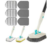 Brosse de Nettoyage 3 en 1 avec Long Manche de 130 cm - Brosse à récurer pour Douche, Baignoire et carrelage Comprenant 1 tête de Brosse Rigide, 3 tampons à récurer et 3 vêtements en Microfibre, pour