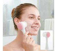Brosse de nettoyage double face pour le visage - Rose doux | Brosse manuelle double face pour le visage avec poils doux et coussinet en silicone sur la poignée verticale.
