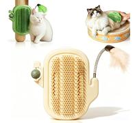 Brosse de toilettage 3 en 1 pour chat,avec baguette à plumes et herbe àchat (Jaune)