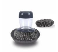 Brosse distributeur de savon en acier pour le nettoyage des casseroles, poêles, éviers, ustensiles de cuisine, avec boules de rechange et plateau de rangement