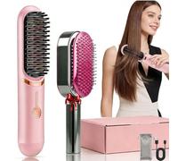 Brosse Lissante pour Cheveux ionique négative portable sans fil, fers à lisser, brosse de défrisage sans fil, peigne de défrisage avec fonction de charge USB, brosse de défrisage 2 en 1 (Rose)