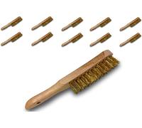 Brosse métallique à main professionnelle type soudeur | Lot de 10 | 4 rangs fils souples | Acier rond laitonné | Manche bois | Sortie du fil 30 mm | 29 * 3,5 cm | Kibros 7424x10