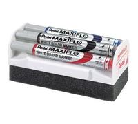 Pentel Maxiflo MWL5S – Set 4 marqueurs (N/B/R/V) tableau blanc + brosse magnétique – pointe conique