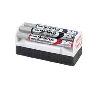 Pentel Maxiflo MWL5S – Set 4 marqueurs (N/B/R/V) tableau blanc + brosse magnétique – pointe conique