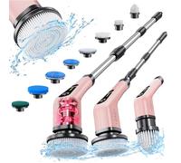 Brosse Rotative Électrique, Brosse de Nettoyage sans fil avec 8 Têtes de Brosse Remplaçables,Balai Brosse Baignoire et Carrelage avec Poignée Réglable de 137cm pour Salle de Bain Cuisine Voiture(Rose)
