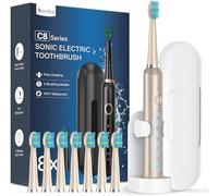 Brosses à Dents Électriques Soniques Adultes avec 8 Têtes - Brosse à Dents Électrique avec Étui de Voyage, 5 Modes et IPX7, Brosses à Dents Électriques à Ultrasons pour Famille Voyager, Or Givré