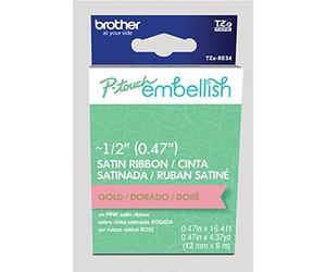 Brother P-Touch TZERE34 Ruban de satin rose avec impression dorée sur imprimante P-Touch Embellish