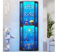 BROTTAR 71"" Vitrine d'angle de collection avec LED, portes en verre, étagères vitrées réglables pour figurines et objets déco - Noir