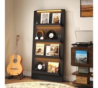 BROTTAR Étagère de rangement pour disques vinyles de 160 cm de haut avec lumières LED 3 couleurs et détecteur de mouvement, support de disque à 4 niveaux pour CD, DVD, magazines, présentoir pour salon