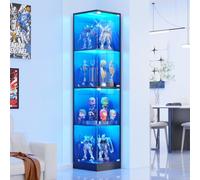 BROTTAR Vitrine d'angle avec portes en verre, armoire curio avec lumières LED 3 couleurs pour objets de collection, vitrine à 4 niveaux avec capteur de corps humain pour jouets, livres, noir