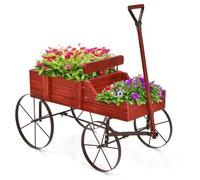 Brouette de Jardin en Bois COSTWAY - 2 Compartiments à Planter - Roues Métalliques - Rouge