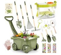 Brouette Enfant - 17PCS Kit Jardinage Enfant avec Outils Longs et Court,Boîte d’Observation Insectes, Loupe, Filet à Papillons & Accessoires - Ensemble Jardinage + Exploration Nature pour Enfants 3+