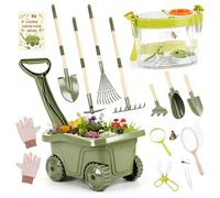 Brouette Enfant - 17PCS Kit Jardinage Enfant avec Outils Longs et Court,Boîte d’Observation Insectes, Loupe, Filet à Papillons & Accessoires - Ensemble Jardinage + Exploration Nature pour Enfants 3+