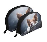 Brown Border Collie Bokeh Dieu aux Yeux Jaunes, Trousse de Maquillage Coquille Femme Petit Porte-Monnaie Trousse de Toilette Trousse à cosmétiques 2 pièces
