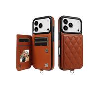 (Brown)Compatible For iPhone 17 Pro Case Card Bag Kickstand Leather Coated TPU Phone Cover with Wrist Strap