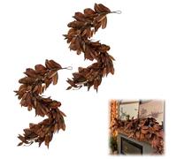 Brown Magnolia Leaf Garland,6ft Autumn Realistic Artificial Magnolia Leaf Garlands with Fruit,for Fireplace Mantel, Christmas,and Thanksgiving Decorations (2set)