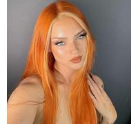 BrownBomb Perruque synthétique pré-épilée avec dentelle frontale - Cheveux raides sans colle HD - 33 x 12,7 x 2,5 cm - Densité 180 - 66 cm (66 cm, rayures orange mouffette)
